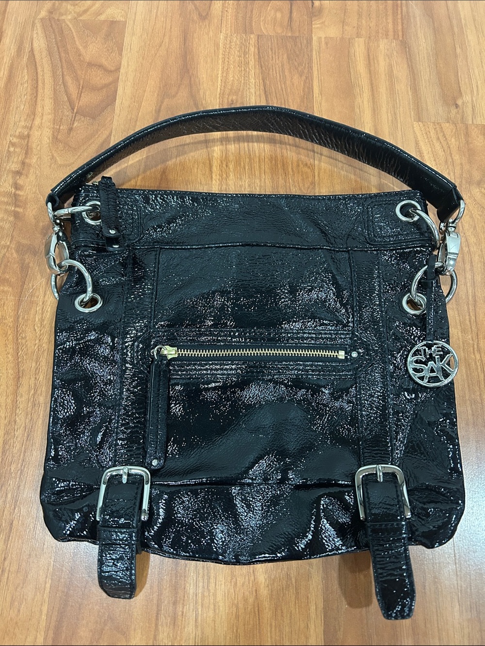 The Sak Black Patent Shoulder Bag with Silver Hardware